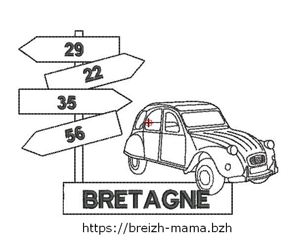 Motif broderie 2CV et Panneaux Bretagne